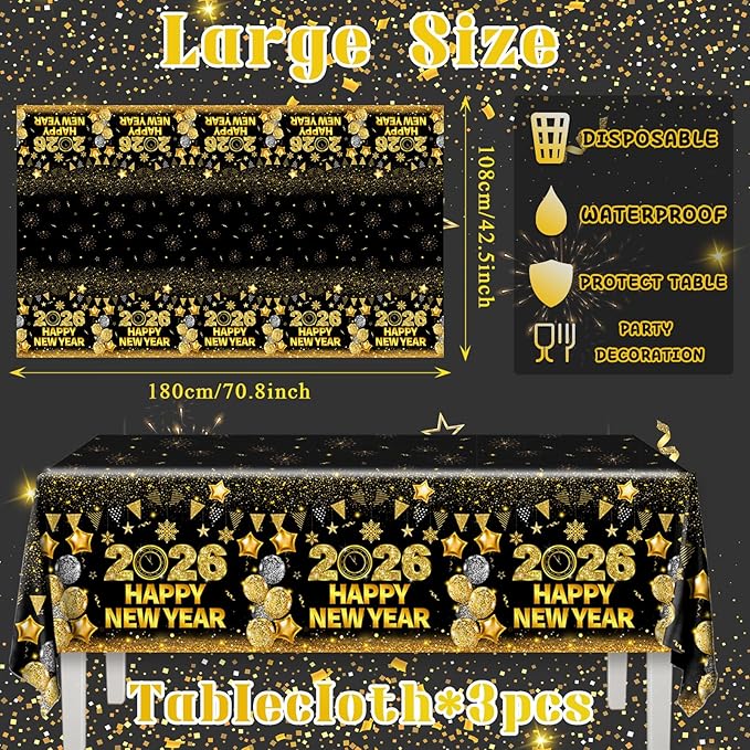 HAKOTI 3Pcs New Year Eve Tablecloth - Happy New Year Party Decorations 2026 Black Gold New Years Tablecloth Rectangular Plastic Table Cover for Cheers to 2026 New Years Eve Party