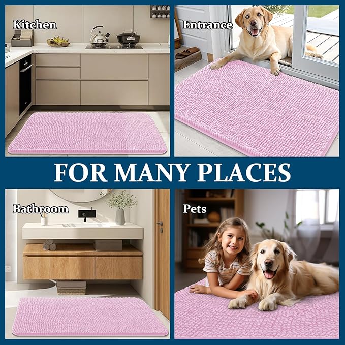 OLANLY Dog Door Mat for Muddy Paws 47x17, Absorbs Moisture and Dirt, Absorbent Non-Slip Washable Doormat, Quick Dry Chenille Mud Mat for Dogs, Entry Indoor Entryway Carpet for Inside Floor, Pink