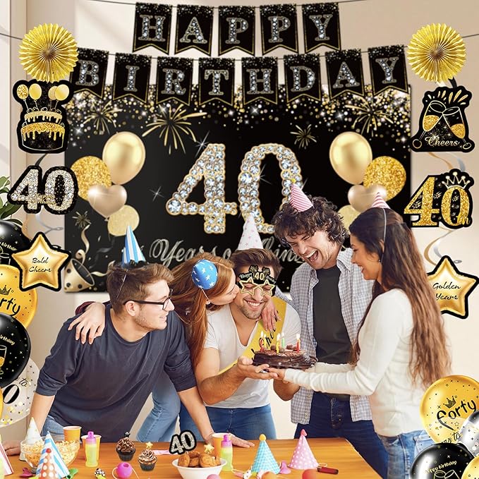 40th Birthday Decorations,39pcs-40th Birthday Decorations for Men & Women,Black Gold 40th Birthday Eyeglasses Decorations Banner Balloons Backdrop Hanging Swirls Paper Fans ,1985 Banner Party Supplies