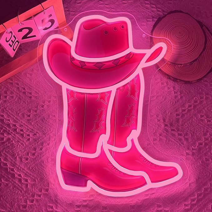 Cowboy Boot Neon Sign Cowboy Hat Neon Light 16.2”x12.3” Pink Cowgirl LED Sign for Wall Decor Dimmable Western Cowgirl Light Up Signs for Bedroom Game Room Presents for Birthday Party Rodeo Enthusiast