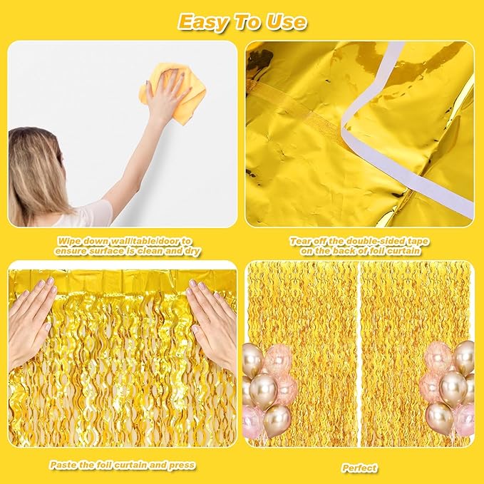 2 Pack 3.2x6.5 Feet Wavy Gold Foil Fringe Backdrop Curtains Tinsel Streamers Dance Party Decorations Photo Booth Props for Bachelorette Bridal Shower Birthday Wedding Christmas New Years Eve