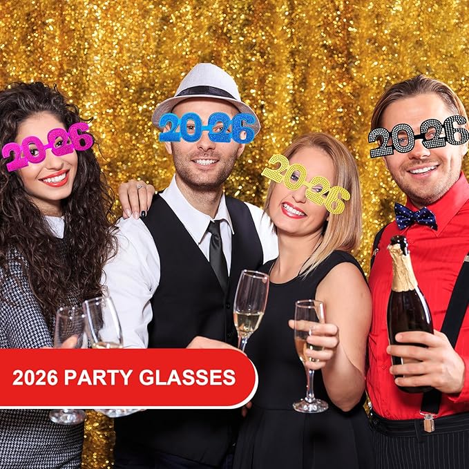 New Years Eve Party Supplies Decorations 2026 - 8PCS, NYE Glasses Party Favors, Plastic Eyewear Happy New Year Photo Booth Props, Class of 2026 Graduation Party Accessories