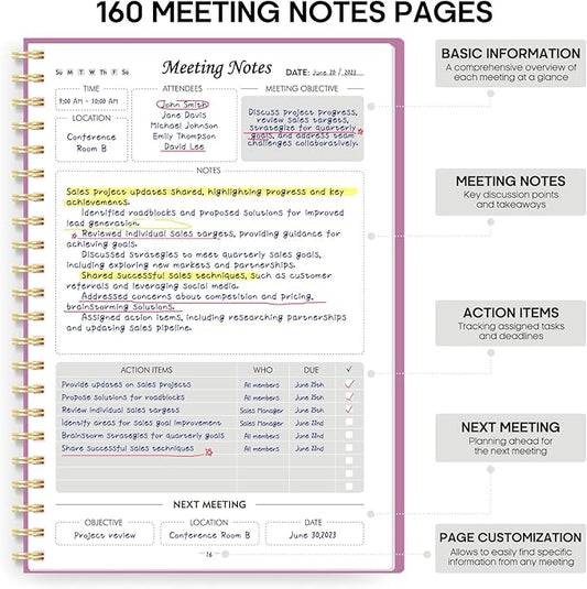 Meeting Notebook for Work Organization - Work Planner Notebook with Action Items, Agenda Planner for Note Taking, 160 Pages (6.9" X 9.9") Project Organizer for Men & Women - Purple