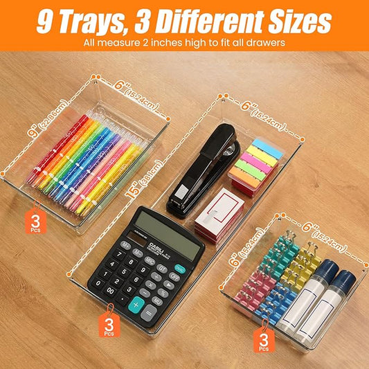 9 Pack Clear Plastic Drawer Organizer Set, Acrylic Non Slip Non Cracking Kitchen Drawer Storage Tray Large Size Divider, Multifunctional Storage for Cosmetics, Bathroom, Tools, Kitchen and Office
