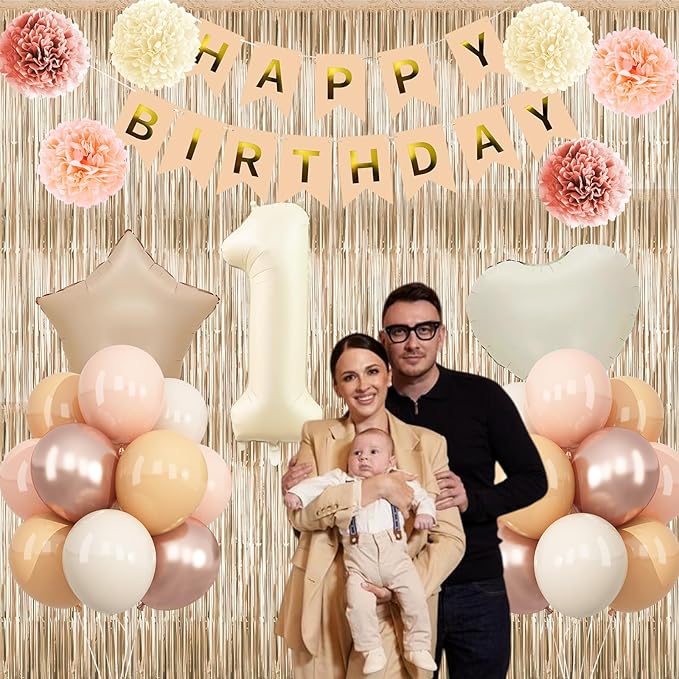Beige 1st Birthday Decorations Cream Number 1 Balloon Nude Gold Happy Birthday Banner Fringe Curtain Paper Pom Poms Blush White Sand Champagne Star Foil Balloons Neutral Boho Party Decor