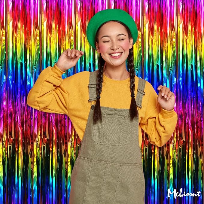 4 Pack Rainbow Fringe Curtain Backdrop, 3.2Ft x 8.2Ft Metallic Tinsel Foil Fringe Streamers Background for Photo Booth Birthday Wedding Baby Shower Party Thanksgiving Christmas Decorations