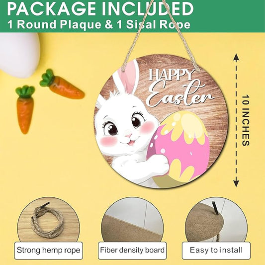 10" Easter Round Wooden Hanging Sign With Sisal Rope - Happy Easter - Bunny & Egg Wooden Plaque For Front Door, Porch, Outdoor Indoor, Farmhouse Wall Decor Party Favor & Decorations - B03