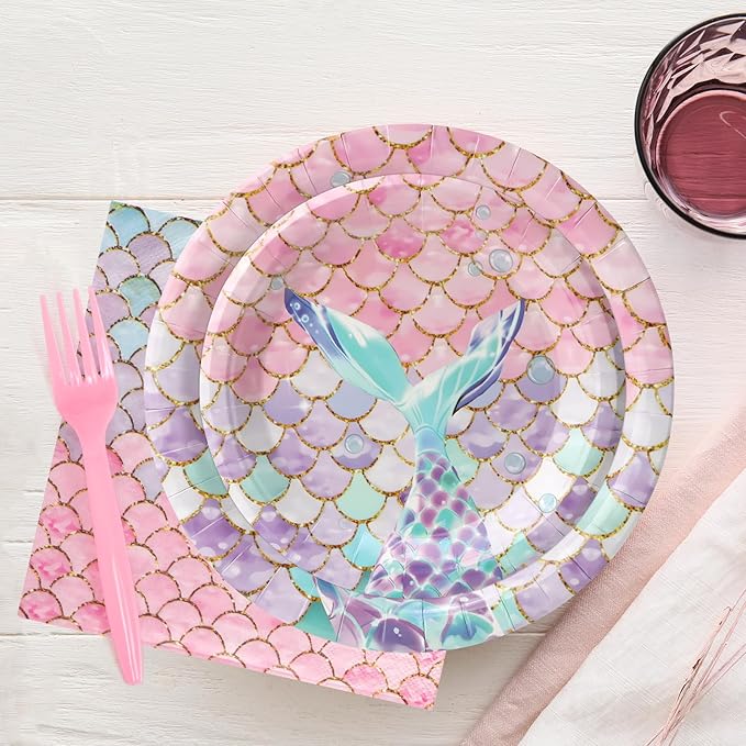 96pcs Mermaid Plates and Napkins Under the Sea Paper Plates Mermaid Fishtail Disposable Tableware Set for 24 Guests Baby Shower Wedding Birthday Party Supplies Decorations