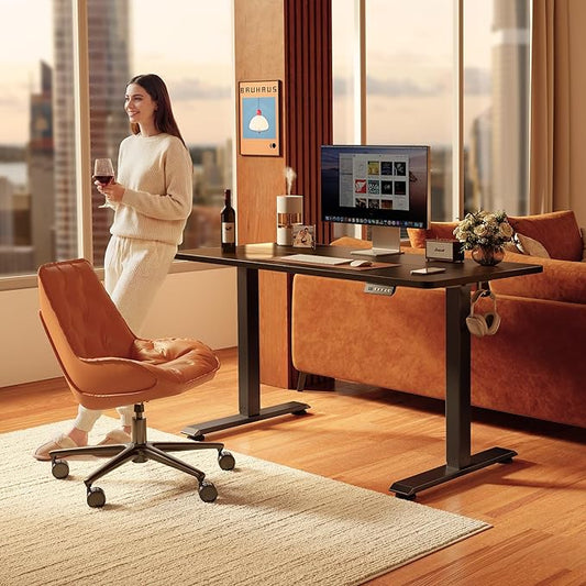 FEZIBO Standing Desk, 55×28 Inches Electric Height Adjustable, Sit Stand Up, Computer Office Desk with Splice Board, Black Frame/Black TOP