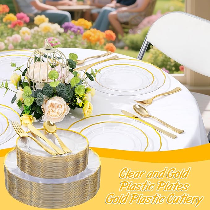 EI 150pcs Clear Plastic Plates with Gold Plastic Silverware,Disposable Plate Heavy Duty,Clear and Gold Dinnerware Set,Elegant Plates for Party,Wedding,Thanksgiving,Christmas,New Year