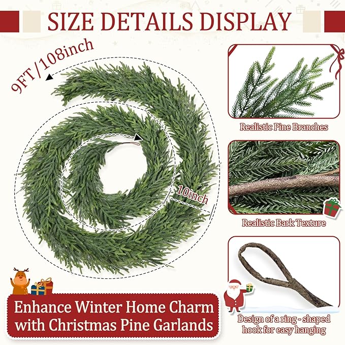9FT Christmas Pine Garland - Real Touch Green Garland - Artificial Realistic Cedar Garlands for Mantel, Staircase, Tabletop - Indoor Outdoor Winter Christmas Decor
