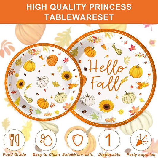 123PCS Autumn Party Supplies for Thanksgiving Themed Fall Pumpkin Decoration Tableware Set with Tablecloth and Banner Leaves Harvest Dessert Plates Napkins Cups Hanging Swirl Set for 20 Guests