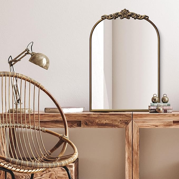 Ornate Baroque Vintage Gold Arched Wall Mirror 19"x27" ā Antique Brass Vertical Decorative Mirror with Full Metal Frame, Ideal for Bedroom, Bathroom, Entryway, or Hallway