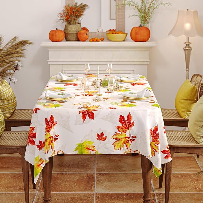 Fall Rectangle Tablecloth 60 x 84 Inch, Thanksgiving Autumn Harvest Maple Leaves Table Cloth, Spill Proof Wipeable Washable Rectangular Table Covers for Party Picnic Dinner Decor