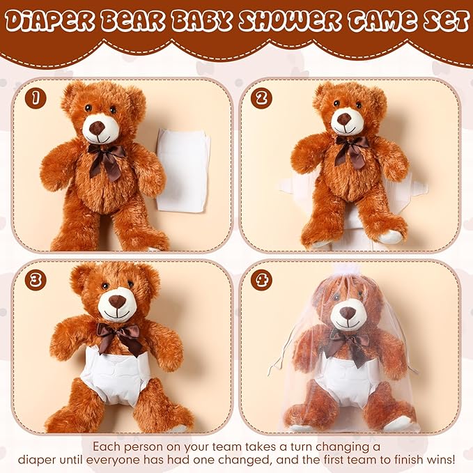 Soulchen 6 Set Bear Blindfolded Diaper Changing Baby Shower Games 14 Inch Bear Plushes with Dolls Diapers Bottles Shirts for Gender Reveal Bridal Shower Game Prize Gift Guest Adult(Khaki,Brown,Beige)