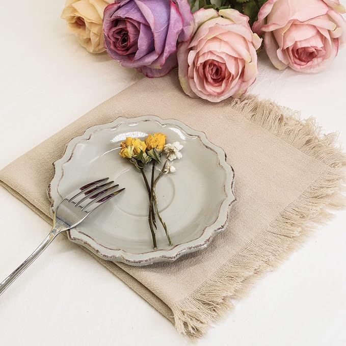 Handmade Cloth Napkins with Fringe,18 x 18 Inches Cotton Linen Napkins Set of 12 Versatile Handmade Square Rustic Fringe Napkins for Dinner, Wedding and Parties, Beige
