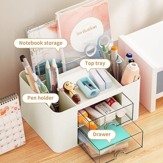 Marbrasse Pen Organizer with 2 Drawer, Multi-Functional Pencil Holder for Desk, Desk Organizers and Accessories with 5 Compartments + Drawer for Office Art Supplies (Beige)
