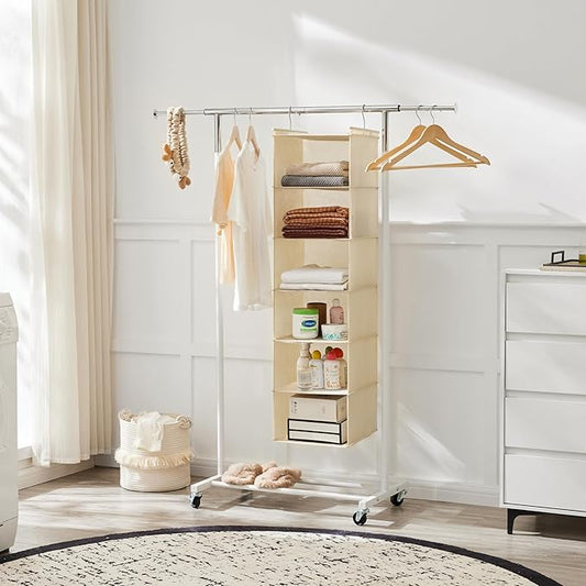 MAX Houser 6 Tier Shelf Hanging Closet Organizer, Cloth Hanging Shelf with 2 Sturdy Hooks for Storage, Foldable (Beige)