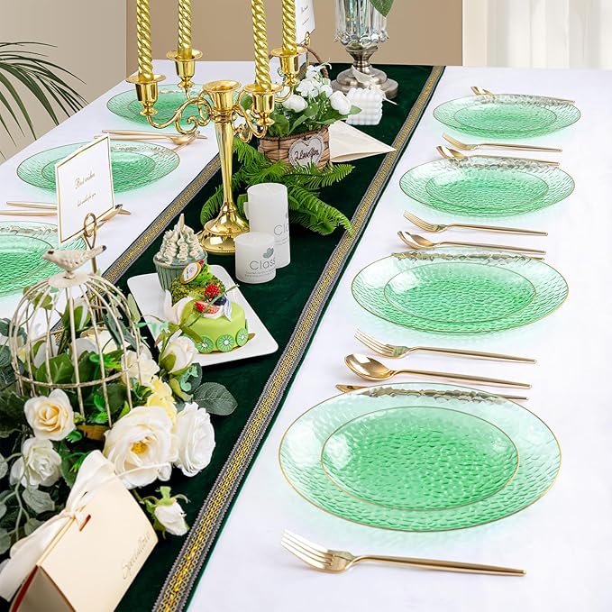 Rubtlamp 100 Clear Green Gold Plastic Plates, Hammered Clear and Gold Disposable Plates Include 50 Dessert Platos, 50 Dinner Platos for Party