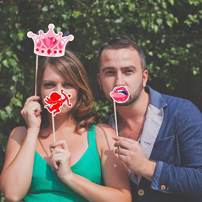 24 Pcs Valentine's Day Photo Booth Props Decor, Valentine's Day Photo Prop Frame and 23 Pcs Valentine Day Photo Booth Props for Happy Valentines Themed Party Supplies Decoration