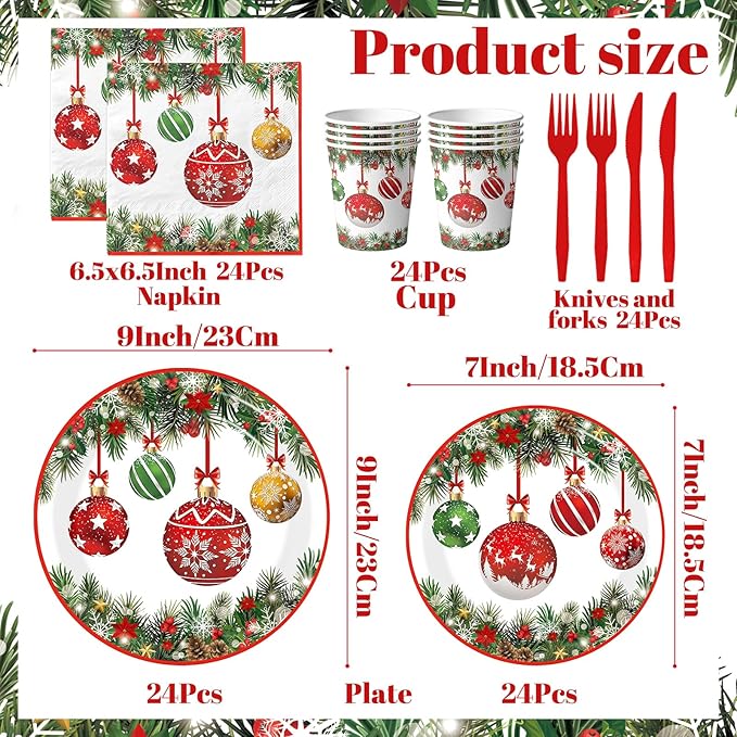 Christmas Paper Plates and Napkins,144pcs Xmas Ball Christmas Plates Disposable Party Set Christ mas Dinnerware Set for Winter Xmas Holiday,Serves 24