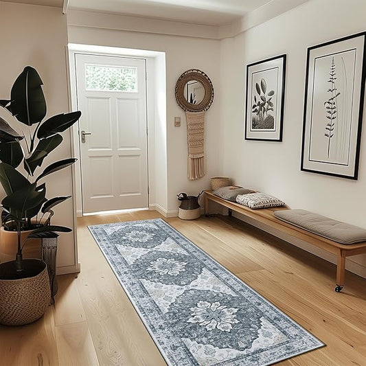 Area Rugs 2'x8' Runner Rug Non Slip Washable for Kitchen Hallway Bedroom Beside Laundry Room Bathroom Rug, Floor Carpet, Light Gray Grey White