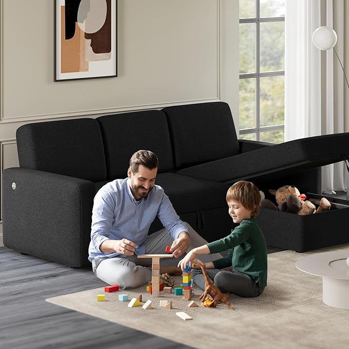 Yaheetech Sectional Sofa L-Shaped Sofa Couch Bed w/Chaise & USB, Reversible Couch Sleeper w/Pull Out Bed & Storage Space Living Room Black