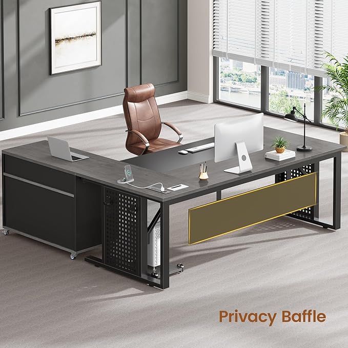 SEDETA 71" Executive Desk with Rolling File Cabinet, Large Office Desk with Drawers, L Shaped Computer Desk with Power Outlets, CPU Stand, Pegboard and Storage Shelves, Gray