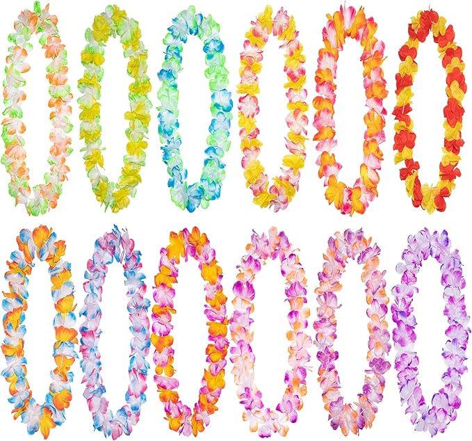 FreshDear 12 Counts Hawaiian Leis Bulk,leis for luau party,hawaiian leis for adults,beach party favors for adults,Summer Beach Vacation,Theme Party Decorations