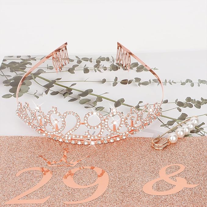 CIEHER 29th Birthday Crown, Sash and Pearl Pin Set, Rose Gold, Women Friends Birthday Gifts