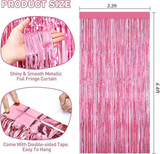 Pink Tinsel Backdrop Foil Fringe Curtains - 2 Packs Door Streamers Backdrop for Birthday Door Decorations, Party Supplies for Bachelorette, Graduation, Christmas, Disco Decor