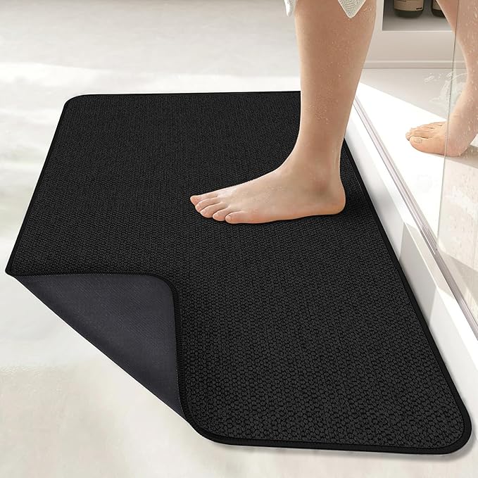 Bath Mat,Ultra Thin Bathroom Runner Rugs,Large Bath Mats for Bathroom,Quick Dry,Non-Slip,Machine Washable,Low Pile,Bath Rug,Shower Outside,Sink,Home Decor Accessories.Black,3'x6'(36x72inch)