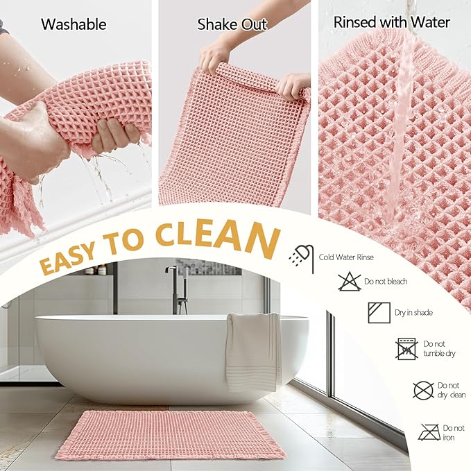 MIULEE Set of 2 Waffle Bathroom Rugs, Boho Bath Rugs Non Slip Washable, Super Absorbent Bath Mats, Ultra Soft Rubber Backed Shower Mats for Bathroom Floor, Tub and Shower, Pink, 17x24 Inch