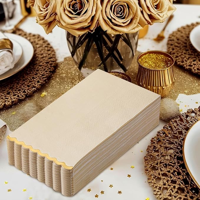 50 Beige Paper Napkins Decorative, Gold Foil Scalloped Edged Guest Napkins Disposable, Dinner Napkins for Wedding, Shower Baby, Birthday Parties Supplies(4 x 8 In, Beige)