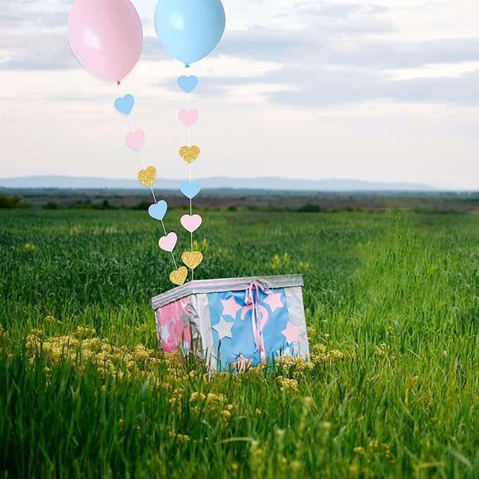 Boy or Girl Gender Reveal Decorations 6PC Pink Blue Gold Hear Garland Balloon Tails for Baby Shower Decor