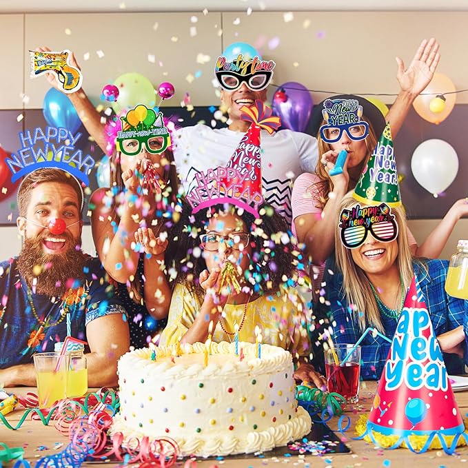 2026 New Years Eve Party Supplies Kit - 102 Pieces Colorful New Years Party Favors Set with Headbands, Hats, Photo Props, Noise Makers, Confetti & More for Happy New Year Decorations