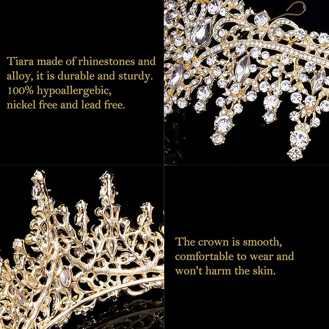 COCIDE Gold Tiara and Crown for Women Crystal Queen Crowns Rhinestone Princess Tiaras for Girl Bride Wedding Hair Accessories for Bridal Birthday Party Prom Halloween Cos-play Costume Christmas