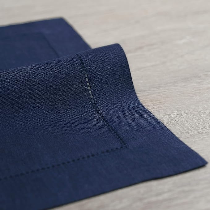 Solino Home Linen Cloth Placemats Set of 6-100% Pure Linen Hemstitch Navy Blue Placemats 14 x 19 Inch - Classic Hemstitch Table Place Mats for Christmas, Holiday, Winter, New Year