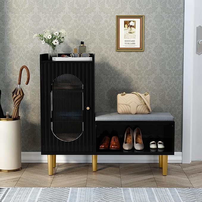 HLR Storage Bench Set of 2, Black Modern Entryway Shoe Cabinet Bench with Glass Door&Shelf, L-Shaped Storage Cabinet with Padded Seat for Hallway, Bedroom, Living Room, Office
