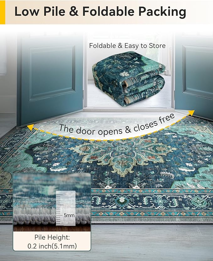 Area Rugs 2'6''x8' Runner Rug Non Slip Washable for Kitchen Hallway Bedroom Beside Laundry Room Bathroom Rug, Floor Carpet, Teal Green Lake Blue Turquoise