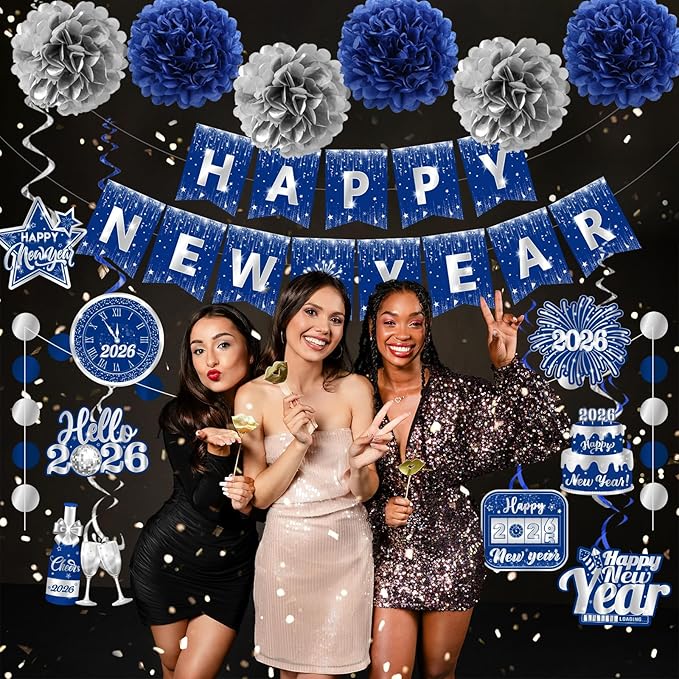 Blue New Years Decorations 2026, NYE Party Supplies includes Happy New Year Banner Hanging Swirls and Blue and Silver Tissue Pom Poms, New Year Hanging Swirls for Indoor Outdoor Classroom Office