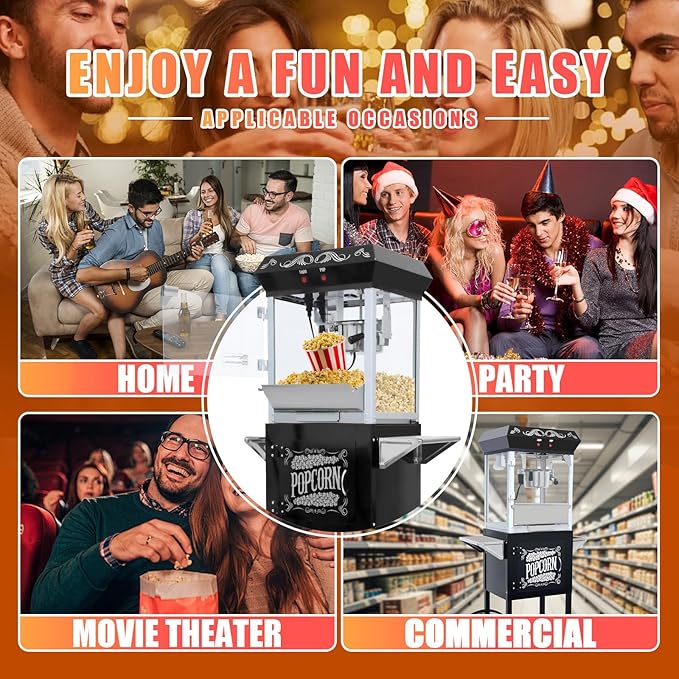 Commercial Popcorn Machine with Cart in Sleek Black - 8oz Kettle Pops 32 Cups/Batch, with Warming Lamp, Glass Door & Wheels for Theater, Parties