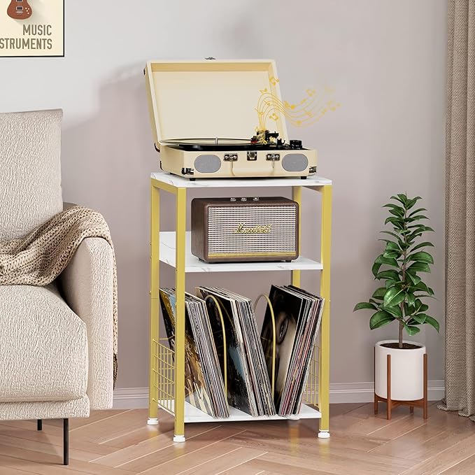 LELELINKY Side Table,White Marble Night Stand with Golden Metal Frame,3 Tier Industrial Wooden Record Player Stand with Vinyl Storage Shelf ,End Tables for Living Room Bedroom Small Spaces