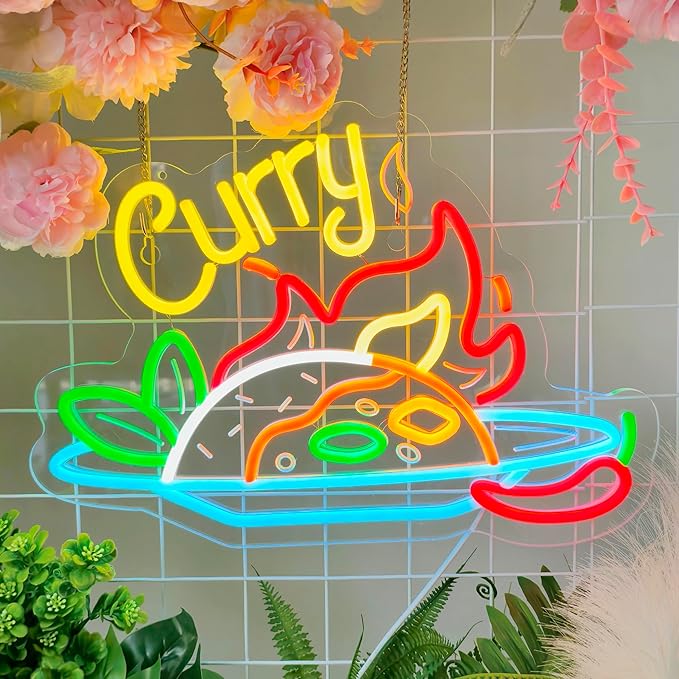 Curry Neon Sign, Neon Lights Hanging Wall Art Decoration for Restaturant Shop Store Bar Market Party Celebration Home Decor, USB Powered Ultra Bright Dimmable,16.14×11.42inches