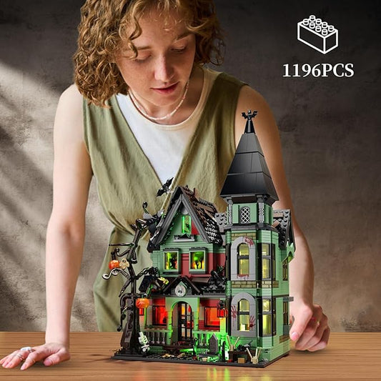 iATOM Haunted House Building Set with Lights, Halloween Mansion Building Toy for Adults, Gift for Christmas, Horror Village Town Architecture Include Pumpkin Skeleton Spooky Bat Cat, F-C9987