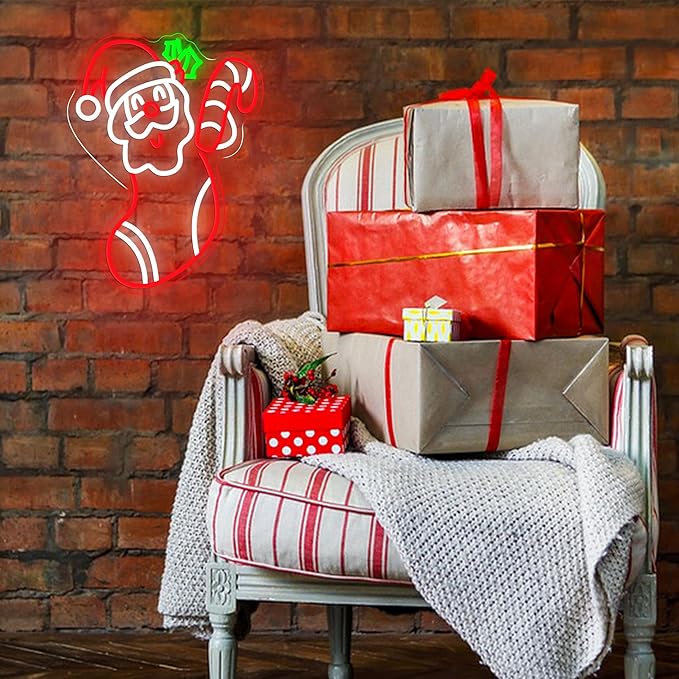Merry Christmas Neon Sign Dimmable Santa Claus In Stockings Neon Light USB Powered Holly Led Light up Sign for Christmas Eve Party New Year Home Bar(16.5 * 12.6 In)