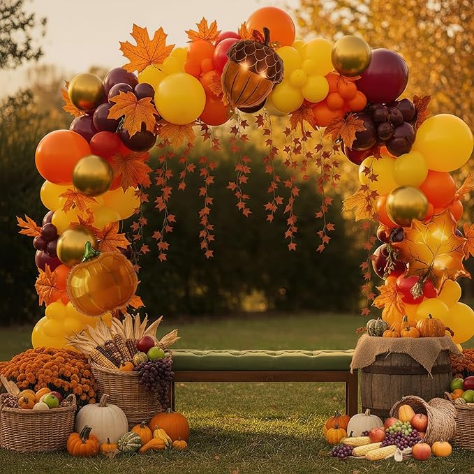Fall Balloons Arch Garland Kit Burnt Orange Burgundy Mustard Yellow Balloon with Maple Leaf Garland Pumpkin Pine Cone Foil for Autumn Thanksgiving Harvest Birthday Baby Shower Party Decoration