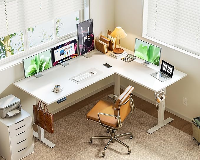 Casaottima 63 Inch Electric L-Shaped Standing Desk, Reversible Corner Desk with Height Adjustment, Large Ergonomic Workstation for Home Office, Reception Room, White
