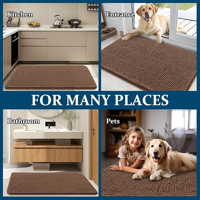 OLANLY Dog Door Mat for Muddy Paws 54x32, Absorbs Moisture and Dirt, Absorbent Non-Slip Washable Doormat, Quick Dry Chenille Mud Mat for Dogs, Entry Indoor Entryway Carpet for Inside Floor, Mocha