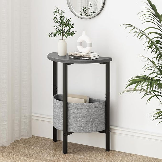 Vagusicc Small Round Side Table End Table, Tall Accent Table with Storage Basket, Set of 2 Half Round Table Half Moon Tables, Coffee Bedside Table Modern Nightstand for Living Room Bedroom Gray Walnut